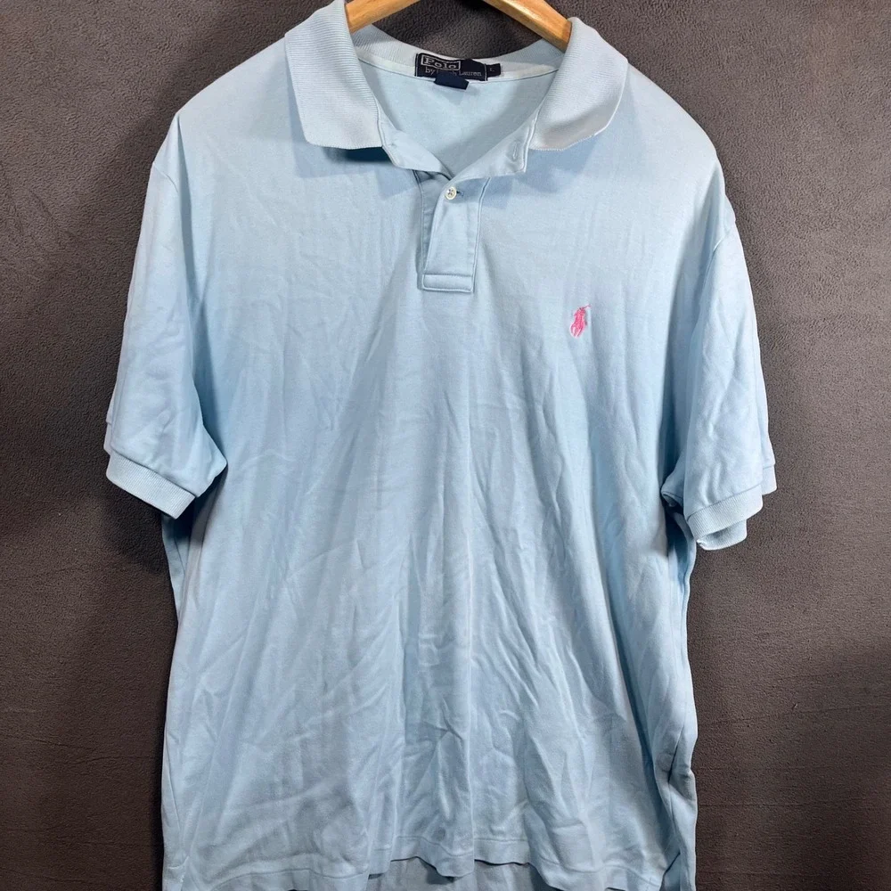 Polo Ralph Lauren Mens Light Blue Pink Pony Logo Cotton Polo Shirt Large
